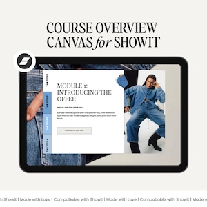 May include: A digital tablet displaying a course overview for Showit. The screen shows "Course Overview Canvas for Showit" and "Module 1: Introducing the Offer." A person in denim clothing is in the image. The tablet has a black frame.