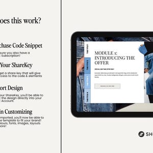 May include: A digital tablet displays a webpage with the text "Module 1: Introducing the Offer." The screen shows a person in denim clothing. The text "How does this work?" is at the top, with steps to purchase, get a key, import, and customize.