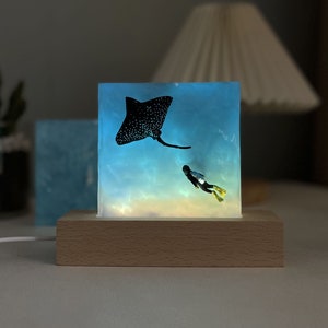 Puede incluir: Una base de madera con un bloque de resina transparente que presenta una raya manchada de blanco y negro y un buceador con aletas amarillas, iluminado desde atrás, creando una escena submarina azul y blanca.