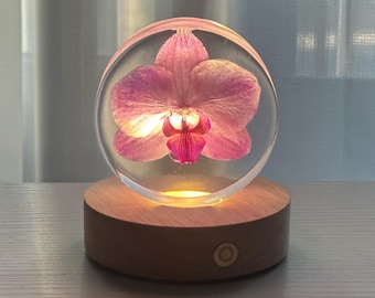 Handmade Orchid Resin Night Light, Rechargeable LED Lamp, Personalized Paperweight, Unique Gift for Her