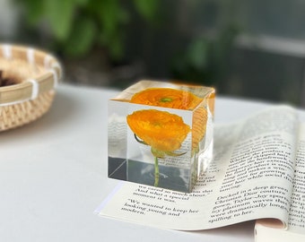 Yellow peony Preserved in resin cube Real peony Gift for her Best friend gift for mom