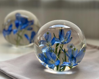 Preserved Blue Delphinium Resin Sphere Real Flower Specimen Paperweight & Memorial Gift For her Customizable with Light Base