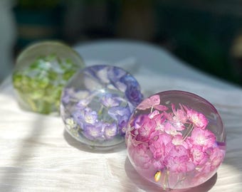 Real Hydrangea Resin Sphere: Pink Purple White Flower Keepsake Elegant Decor with Color & Meaning