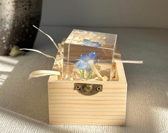 Real Delphiniums Dried Flower Resin Cube Keepsake Floral Botany Paperweight Custom Gift For Her Gift for mom