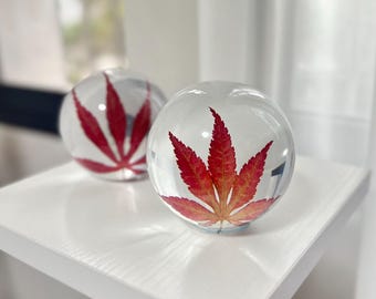 Real Red Maple Leaf Resin Sphere | Handmade Botanical Paperweight & LED Night Light | Fall Decor Gift