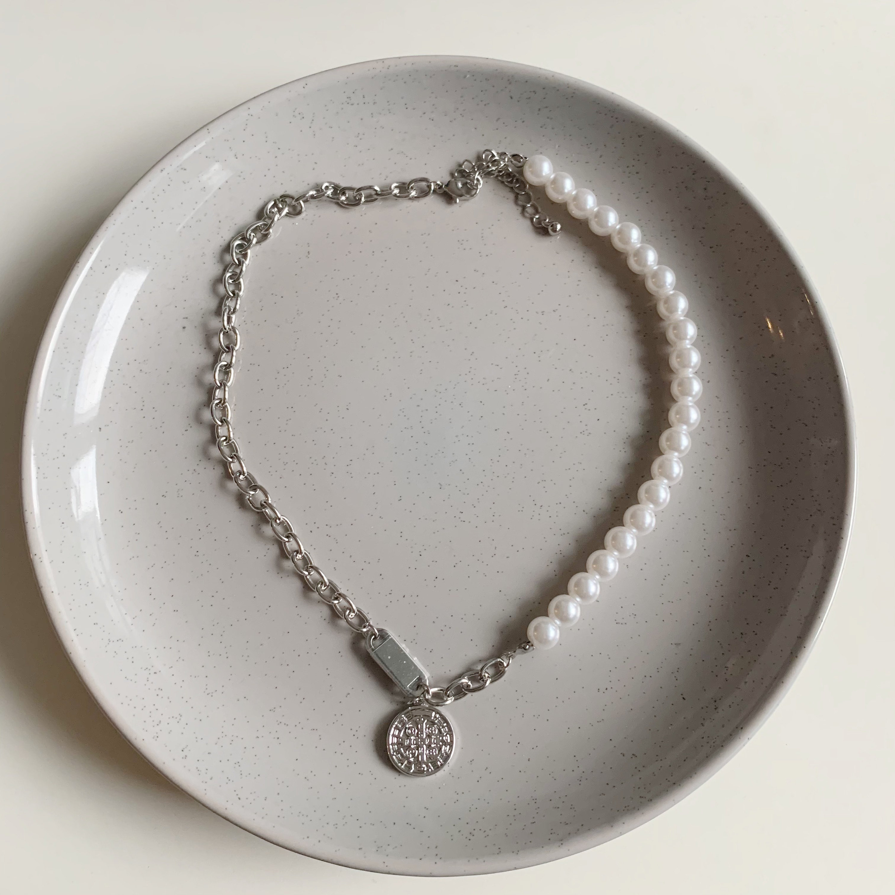 Half pearl half silver necklace vintage necklace Etsy
