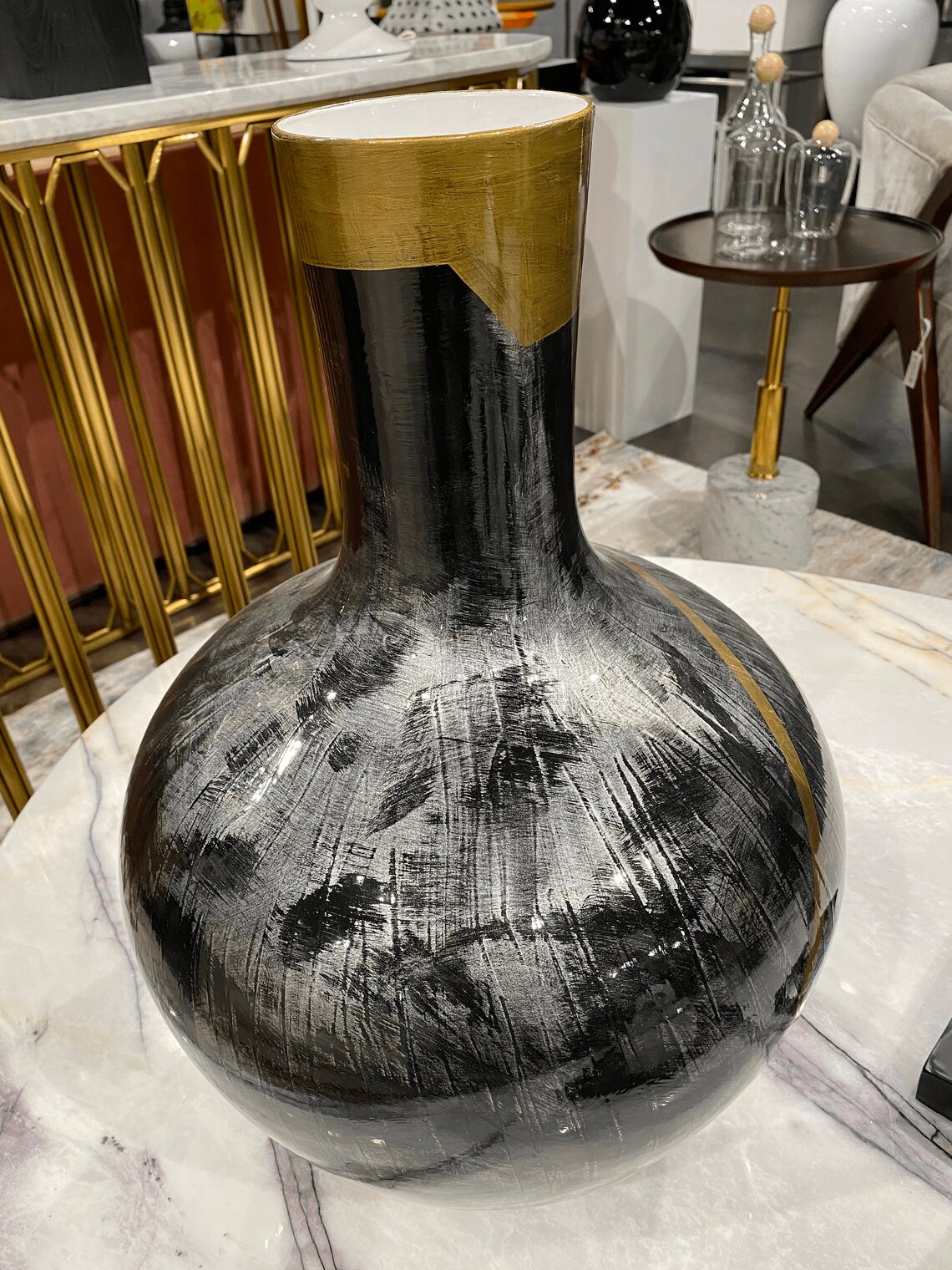 Ribbon Black and Gold Vase Vintage Gold Tone Curved Etsy