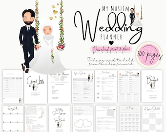 Pianificatore di matrimoni per coppie musulmane carine / Regalo per la sposa / Regalo di fidanzamento / Organizzatore stampabile del giorno delle nozze / Liste di controllo del matrimonio, Budget e altro!