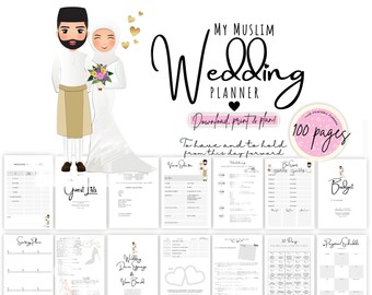 Coppia carina pianificatore di matrimoni musulmani / Organizzatore di matrimoni stampabile / Pianificatore di sposa Hijab / Liste di controllo del matrimonio / Pianificatore di sposa asiatico digitale