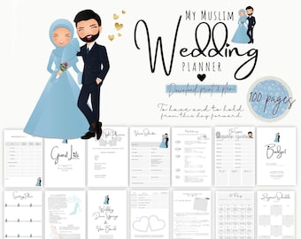 Pianificatore di nozze sposa musulmana blu / Pianificatore di nozze stampabile / Hijab blu che indossa la sposa / Pianificatore di coppia carina / Regalo calendario di nozze!