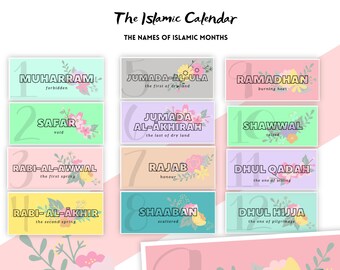 Calendario islamico/Nomi dei mesi islamici/Tag del diario/Diario musulmano/Idee per il bullet journal/Stampabili divertenti per l'apprendimento islamico per bambini