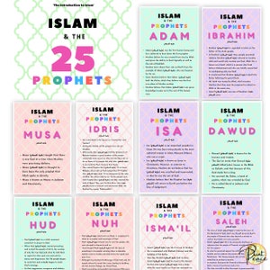 May include: A set of 10 colorful printable cards featuring the names and descriptions of 25 prophets in Islam. Each card has a pink, purple, and green background with Arabic text and English descriptions.