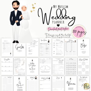 Puede incluir: Un planificador de bodas musulmán imprimible de 100 páginas. La portada presenta una pareja de dibujos animados con atuendos tradicionales de boda. El planificador incluye secciones para listas de invitados, planos de asientos, presupuesto y más.