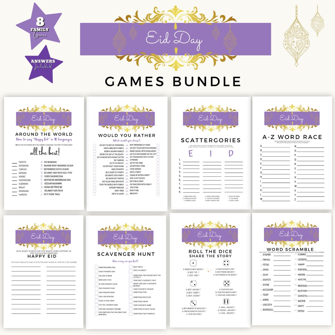 Eid Party Games Bundle / Purple Themed Eid Party Printable / Family Eid