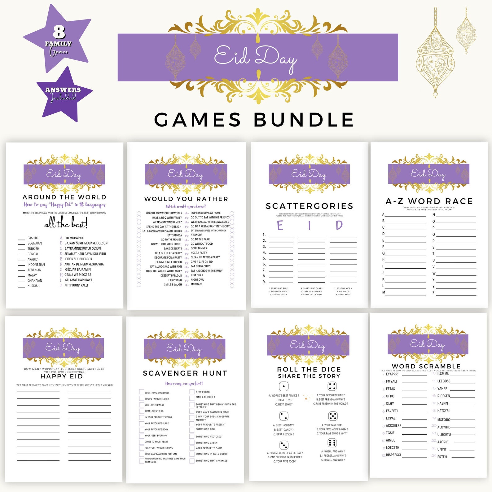 Eid Party Games Bundle / Purple Themed Eid Party Printable / Family Eid ...