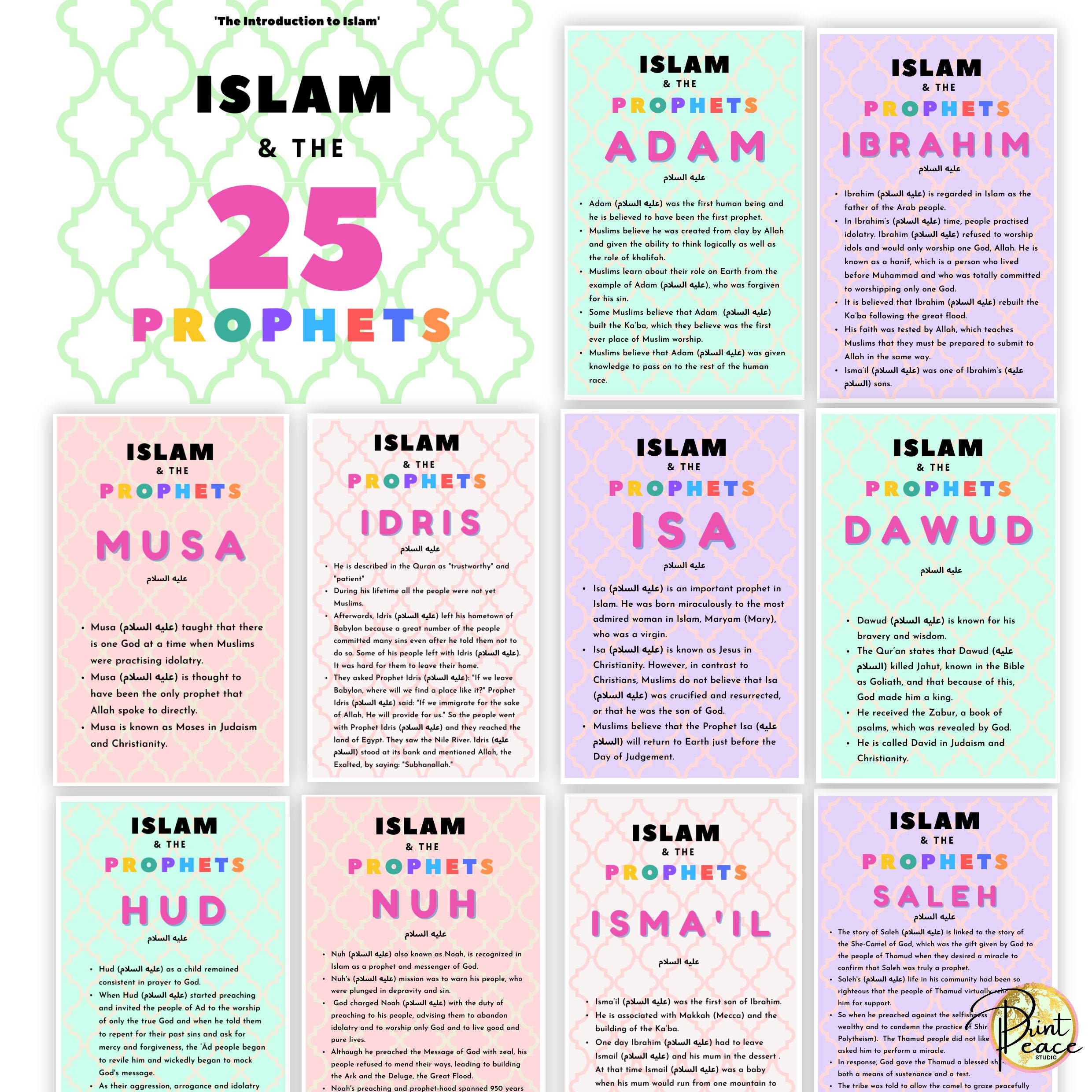 Islam et les 25 cartes flash du prophète / Apprentissage musulman /  Activité pour la famille et les enfants / Apprentissage du Ramadan /  Réflexion du