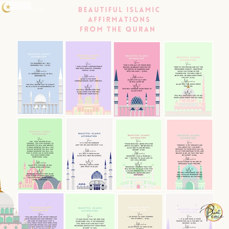 May include: A set of 10 printable Islamic affirmation cards with pink, green, and blue backgrounds. Each card features a mosque illustration and a quote from the Quran. The text on the cards includes the words "Beautiful Islamic Affirmations from the Quran".