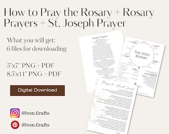 May include: Printable digital download of a Rosary prayer guide and a St. Joseph prayer. The guide includes instructions on how to pray the Rosary and a diagram of the Rosary beads. The guide is available in two sizes: 5x7 inches and 8.5x11 inches.