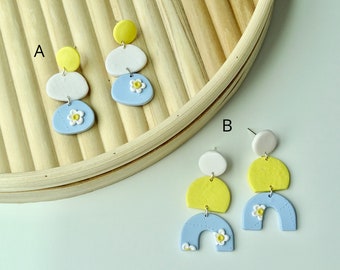 Blue and yellow floral clay earrings | Arch clay earrings | Silver handmade | Textured clay earrings