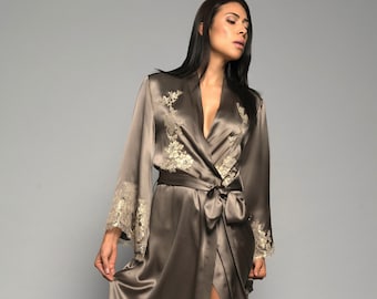 Handmade to Order Long Robe Pewter Bronze Silk Satin with Gold French Lace Applique, 100% Silk Nightgown, Kimono, Duster, Dressing Gown