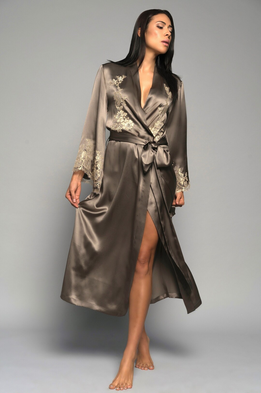 Long Silver Robe Handmade to Order Long Robe Pewter Bronze Silk Satin With Gold French ...