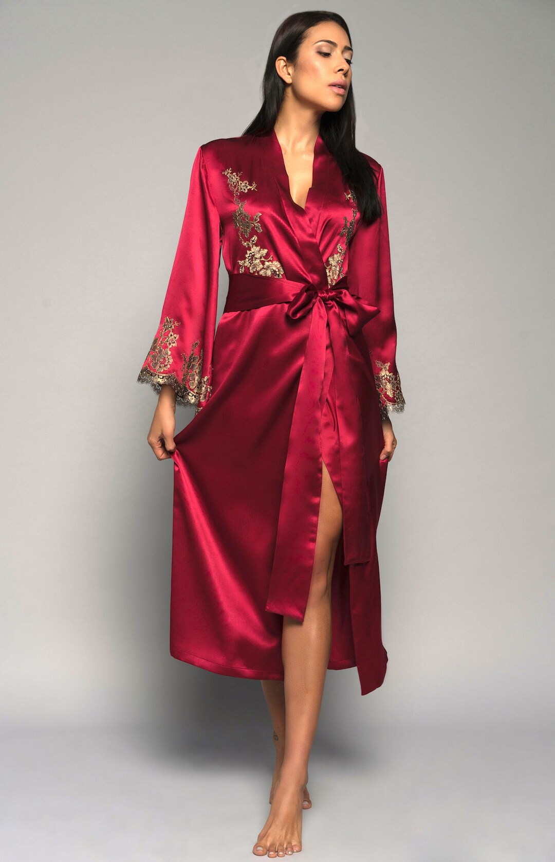 Lay Red Robe Luxury Handmade Long Robe Cherry Red Satin With Gold French Lace ...