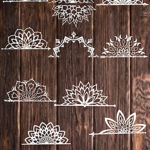 Half Mandala Vector Files, SVG Half Mandalas, DXF Vector Half Mandalas, PNG, Jpeg vector files for Yoga Studio Home Office Logo Design Decor