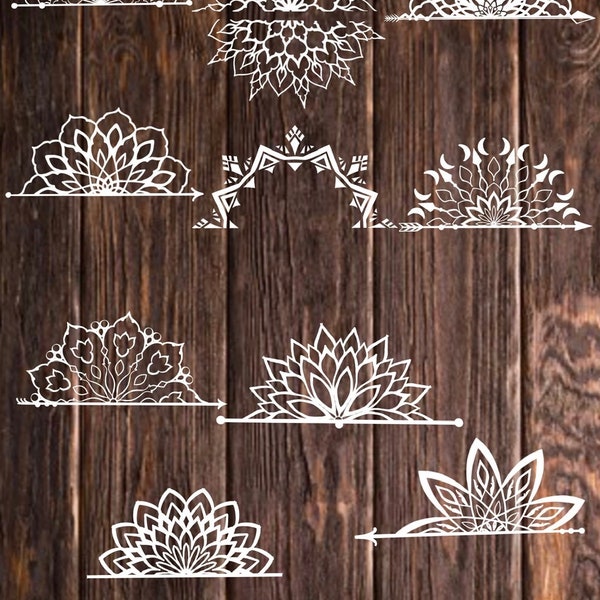 Half Mandala Vector Files, SVG Half Mandalas, DXF Vector Half Mandalas, PNG, Jpeg vector files for Yoga Studio Home Office Logo Design Decor