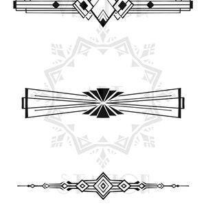 Può includere: Tre divisori geometrici in stile art déco in bianco e nero. Il divisore superiore presenta una forma a diamante con diamanti più piccoli all'interno. Il divisore centrale presenta una forma a stella con linee che irradiano dal centro. Il divisore inferiore presenta una forma a diamante con diamanti più piccoli all'interno.