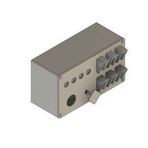 Puede incluir: Una caja rectangular gris claro con múltiples interruptores basculantes y aberturas circulares. La caja tiene una palanca en el lateral y varios interruptores angulados en la parte superior. Es una representación 3D.