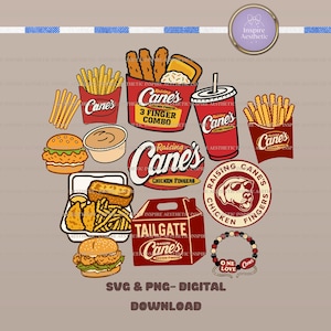 Peut inclure: Illustration de divers éléments de restauration rapide, notamment des frites, des doigts de poulet, des hamburgers et une boisson, avec le logo "Cane's". Comprend une boîte "Tailgate" et un logo "Raising Cane's Chicken Fingers".