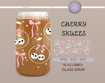 Cherry Skulls & Bows Glass Can Wrap SVG: Gothic Libbey 16oz Design (Digital Download