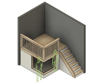 Op de afbeelding: Een houten platform met een leuning is in een hoek van een kamer gebouwd. Een trap leidt naar het platform. De muren zijn grijs geverfd.