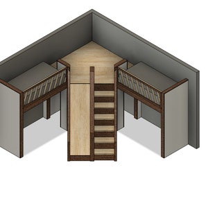 L-shaped Twin Loft with Stair and Slide - Loft Bed with Under Space - Metric build plans -DIY Build Plans - Plan #094