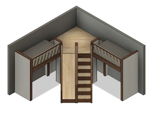 L-Shaped Twin Loft Bed Build Plans with Stair and Slide (Metric and Imperial measurements) - DIY Plan #094