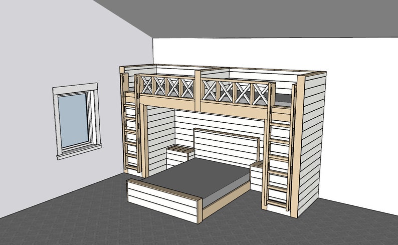 DIY Build Plans - Split Bunk Bed - Double Twin Upper/ Queen Lower ...