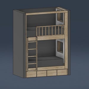 Puede incluir: Una estructura de litera con marco de madera clara y paneles laterales y paredes interiores de color gris oscuro. La unidad incluye una escalera vertical, una barandilla de seguridad en la cama superior y cuatro cajones de almacenamiento.