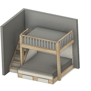 Puede incluir: Una litera de madera con una escalera incorporada y una barandilla. La cama está pintada en un color madera claro y tiene un colchón gris.