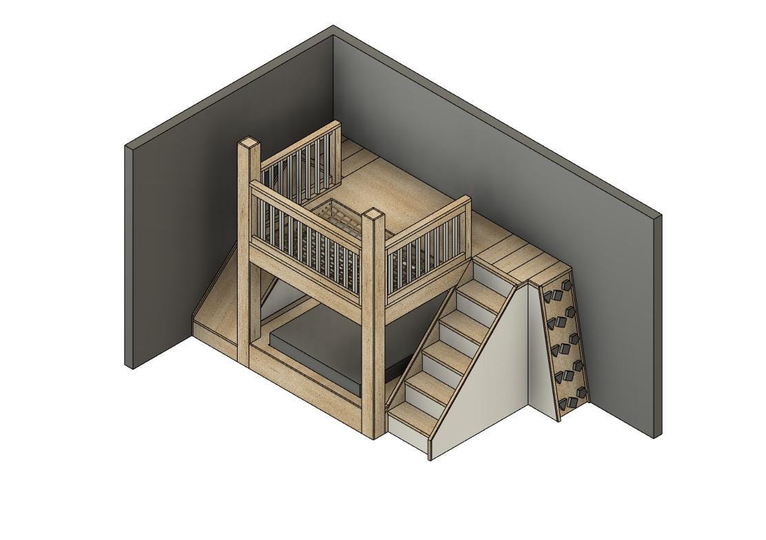 Lower full bed with upper loft space - Bed with stairs, slide and climbing wall - Bed with storage - DIY Build Plans - Plan #116