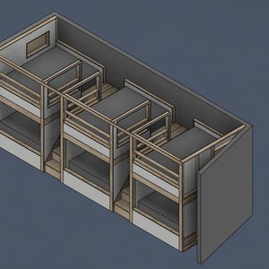 May include: Isometric view of a multi-level bunk bed structure. The design features multiple bunk beds with wooden frames and gray mattresses. The structure is enclosed within a gray rectangular space, with a small window.