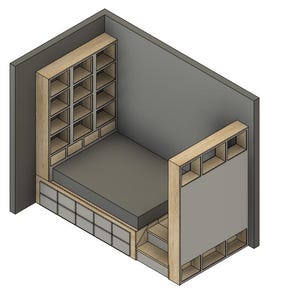 May include: A wooden bed frame with built-in shelves and drawers. The bed frame is made of light wood and has a gray mattress. The shelves are open and the drawers are closed.