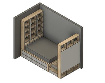 Grand lit plateforme avec tiroirs et étagères – Plans de construction DIY