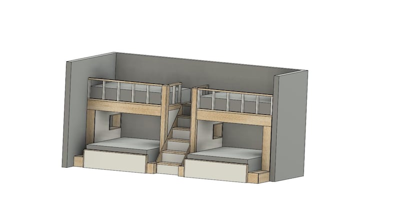 May include: A wooden bunk bed with two sets of twin-sized beds, one on top of the other. The top beds have a railing and the bottom beds have a built-in step ladder. The beds are in a room with gray walls.