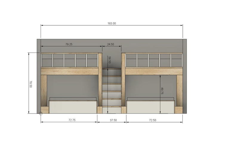 May include: A wooden bunk bed with a ladder and a built-in shelf. The bed is 78.50 inches tall, 72.75 inches wide, and 163 inches long.