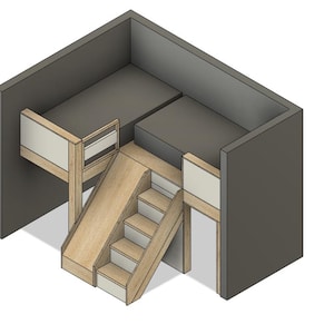 May include: A wooden bunk bed with a slide and stairs. The bed is in a room with grey walls. The slide is made of wood and has a white railing. The stairs are also made of wood and have a white railing.