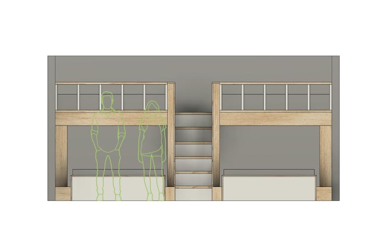May include: A set of two wooden bunk beds with a ladder in the middle. The beds have a railing and are painted in a light wood color.