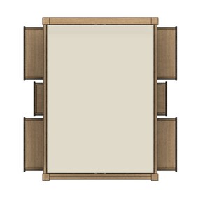 May include: Top view of a wooden dining table with four chairs. The table has a light brown finish and the chairs have a darker brown finish.