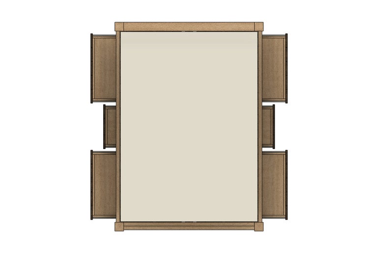 May include: Top view of a wooden dining table with four chairs. The table has a light brown finish and the chairs have a darker brown finish.