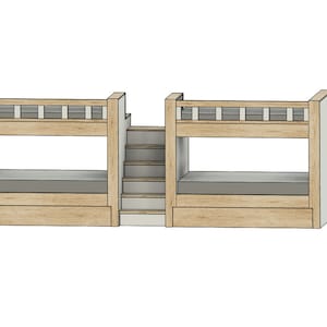 May include: A light wood-tone bunk bed with a gray mattress and a built-in staircase. The bed has a ladder-style railing on the top bunk. The design includes a lower storage drawer. The bed is flanked by green outline figures.