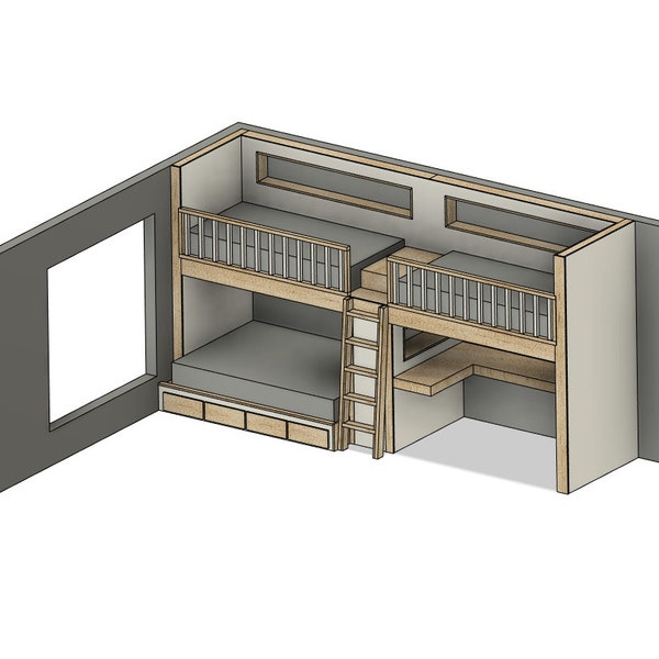DIY-Baupläne - Etagenbett mit Schreibtischbereich - Doppel-/Einzelbett unten - Einzelbett oben - Bett mit Schreibtischbereich